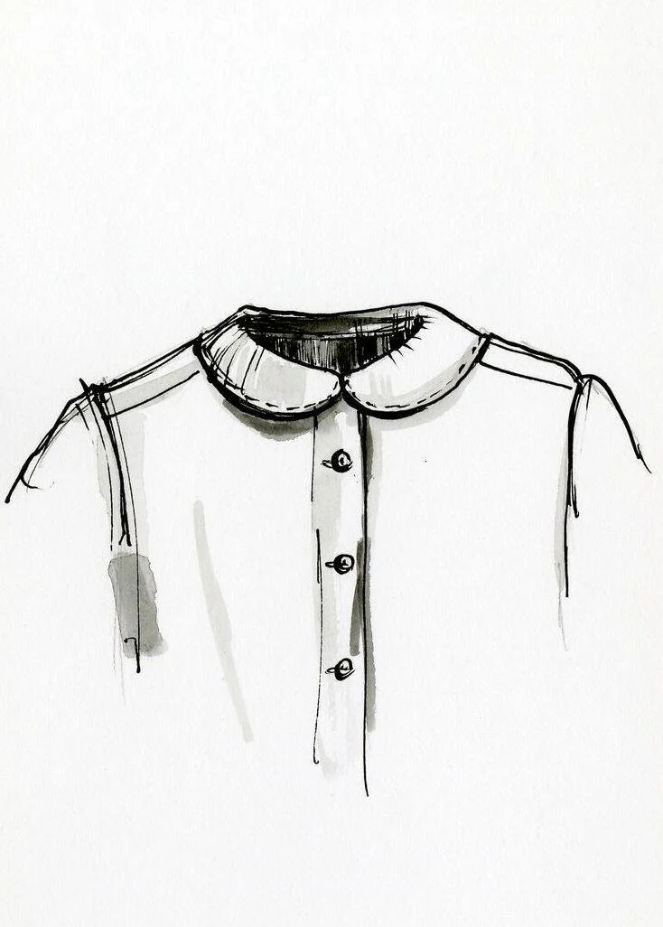 An ink drawing of a button-front blouse with a rounded Peter Pan collar.