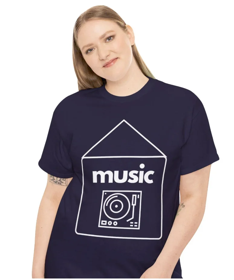 Model wearing a navy music T-shirt with a white record-player graphic.