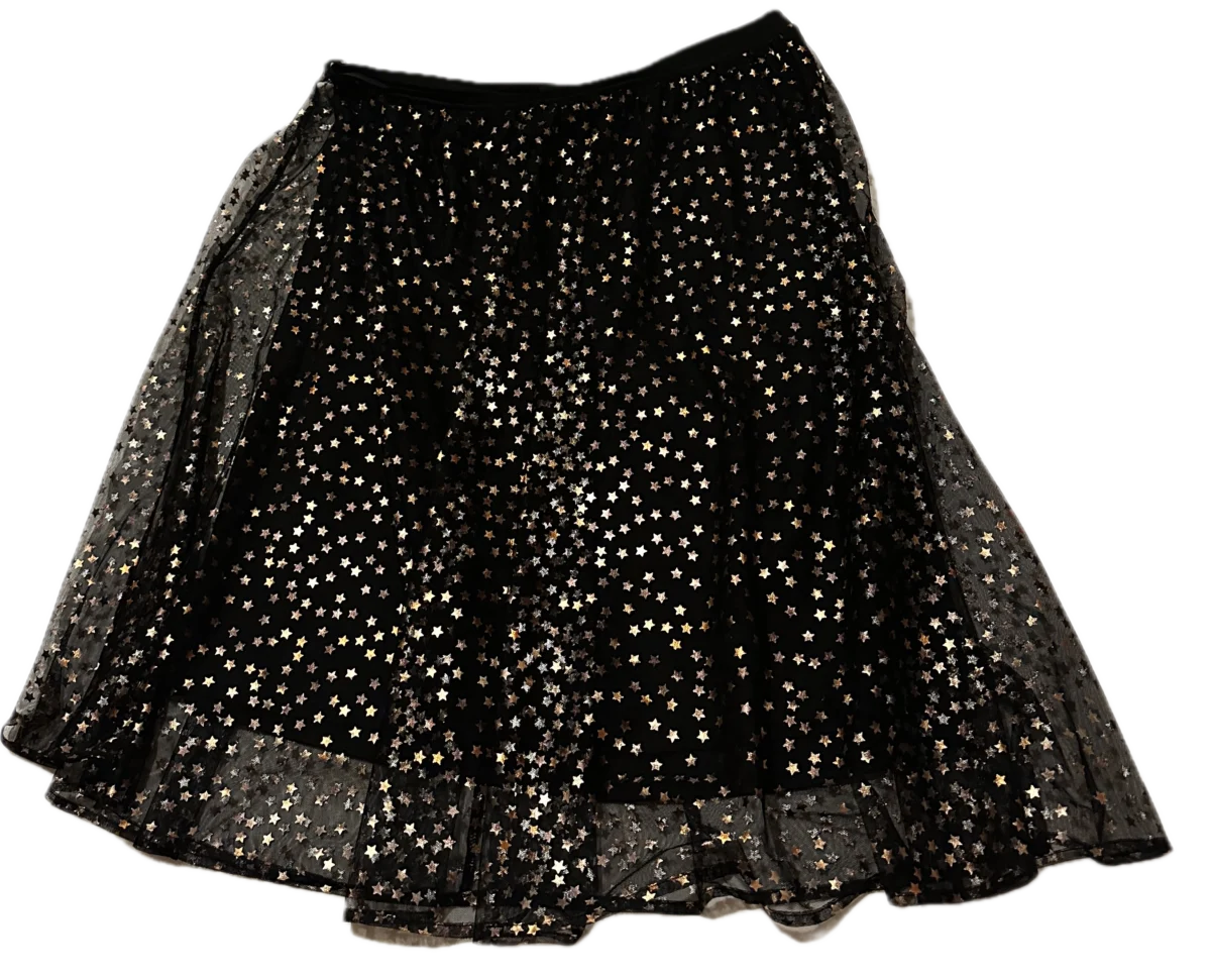 Black skirt with a scattered metallic star pattern.